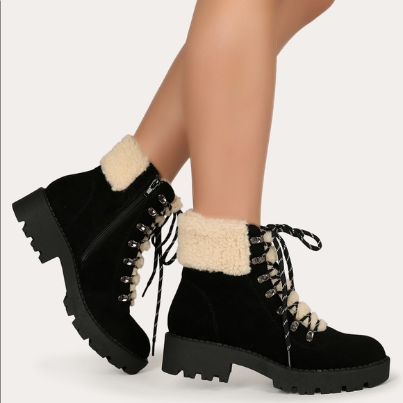 Shoes Nwt Chunky Lace Up Sherpa Fur Hiking Boots Black Poshmark